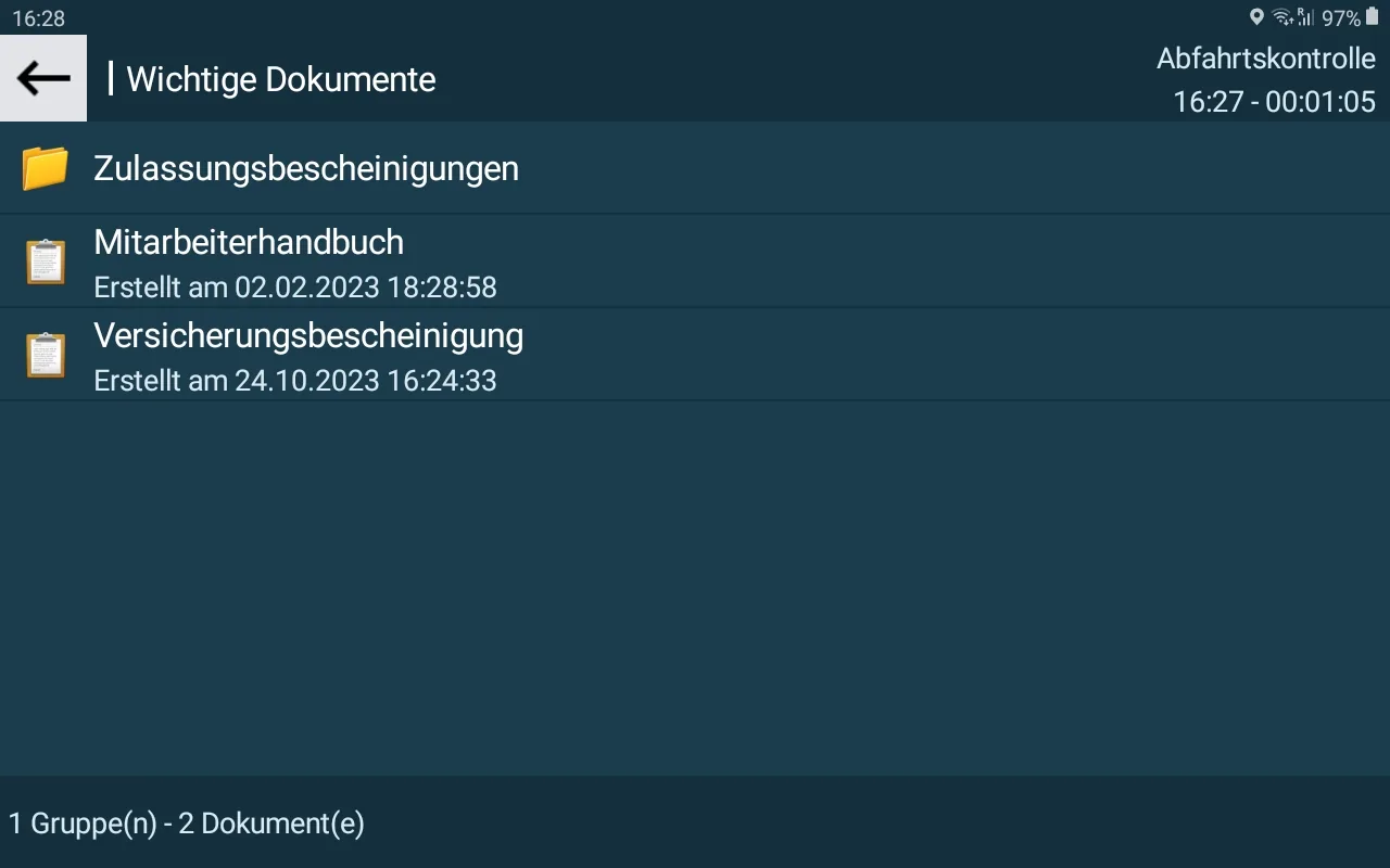 Dokumentenablage in der Telematiclink Fahrer-App — Ordner „Zulassungsbescheinigungen“ sowie Mitarbeiterhandbuch und Versicherungsbescheinigung mit Erstellungsdatum