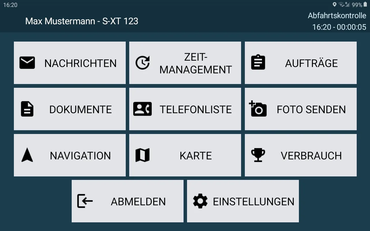 Telematiclink Fahrer-App auf dem Tablet — Startbildschirm mit Nachrichten, Zeit-Management, Aufträgen, Dokumenten, Navigation, Karte und Verbrauch