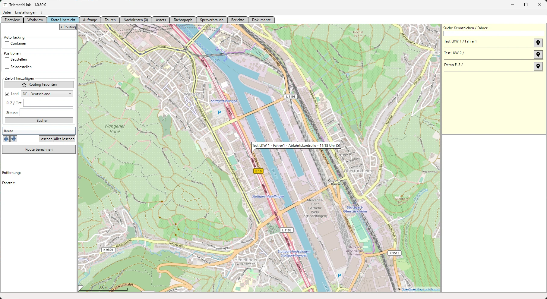 Telematiclink Kartenübersicht — Fahrzeugpositionen auf der Karte mit Routenplanung und Zielortsuche