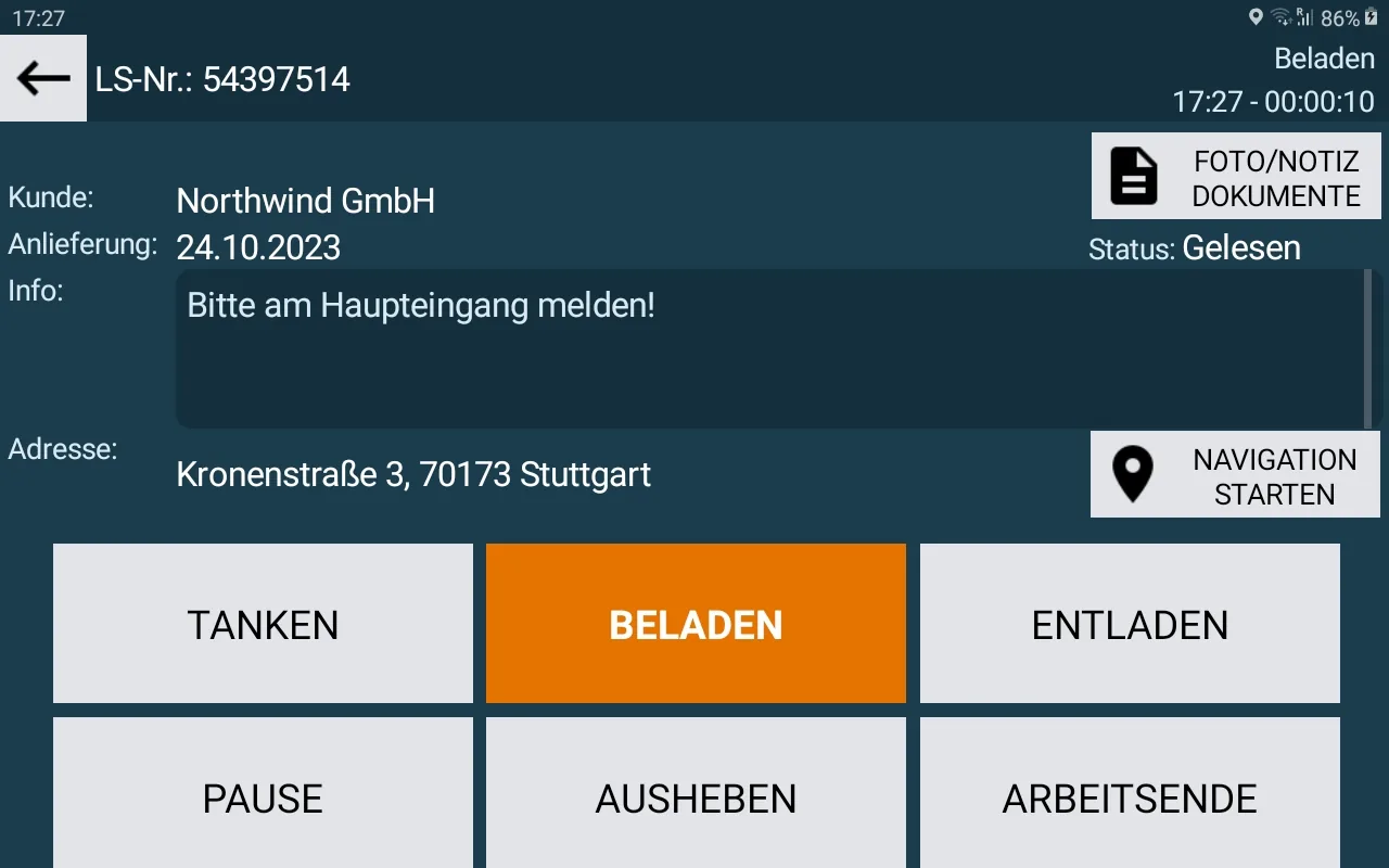 Tätigkeitserfassung in der Telematiclink Fahrer-App — laufende Tätigkeit „Beladen“ mit Zeitzähler und Umschalten auf Tanken, Entladen, Pause, Ausheben oder Arbeitsende